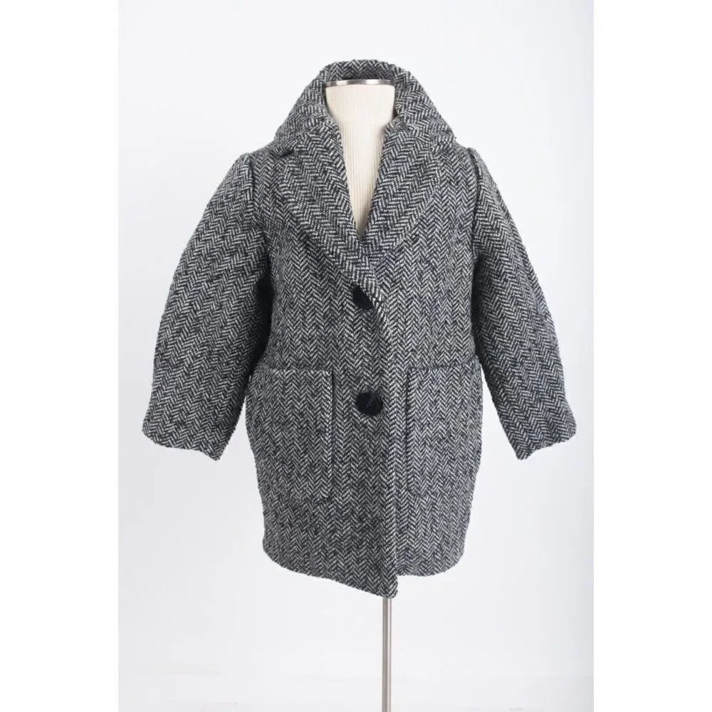Zara Kids Wool Pea Coat Herringbone Black White Sz 6 Yrs 116 cm Manteco wool NWT